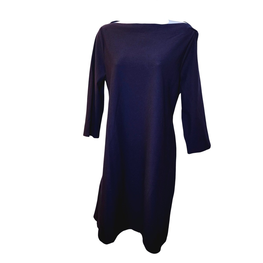 Eileen Fisher NWT Midnight Navy Bateau Neck Knee Dress 3/4 Sleeve Sz L